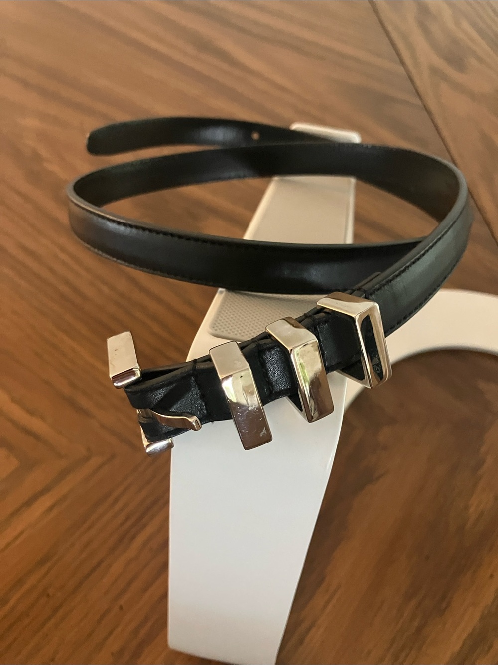 Saint Laurent Black Skinny Leather Belt with Silver Buckle Accents